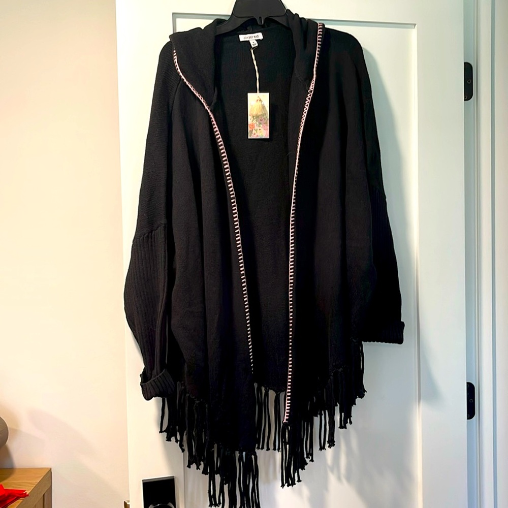 NWT Johnny Was fringe opened poncho. Black with pink trim. Beauty.